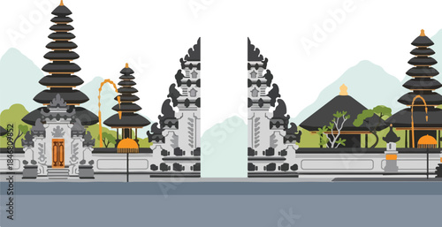 Stylized vector illustration of traditional Balinese temples and split gate with mountains in the background, depicting cultural architecture.