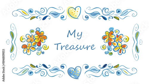 Colorful bouquet of fruit shaped hearts and playful swirls on white background, decorative elements, floral pattern