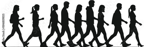 Silhouette of a group of people walking in unison