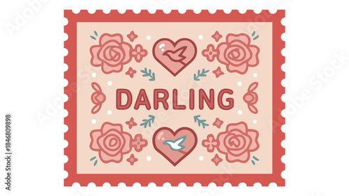 Vintage style postal stamp with roses and hearts and the word darling in a beautiful illustration