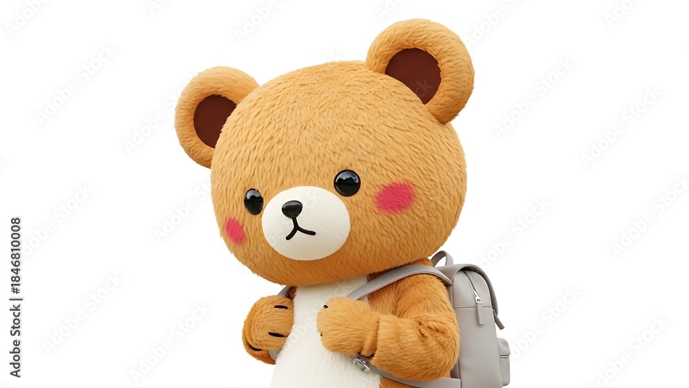 Obraz premium Cute brown bear mascot character with rosy cheeks and a grey backpack on a plain white background.