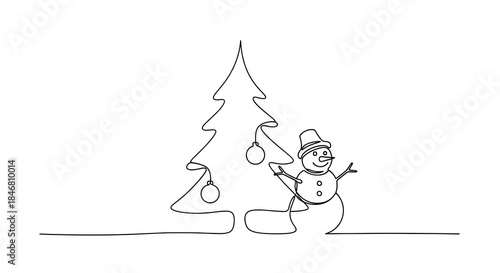 Minimal Single Line Christmas Tree with Snowman Illustration