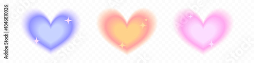 Set of three soft, glowing, aura-style heart illustrations in blue, yellow and orange, and pink, each with subtle star sparkles