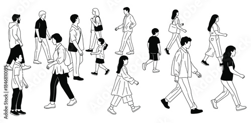 A group of people walking in a scattered formation