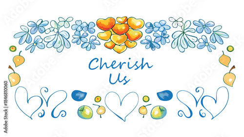 Colorful watercolor bouquet with heart shaped fruits and blue flowers and petals arranged in a wreath with cherish