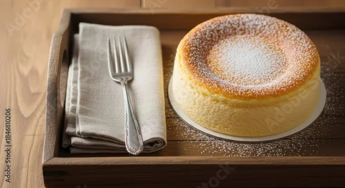 Obraz  z motywem Fluffy Japanese Soufflé Cheesecake dusted with Powdered Sugar, served on a wooden tray with a fork and napkin