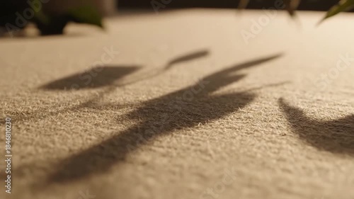 Shadows of plants on sandy surface under warm sunlight
