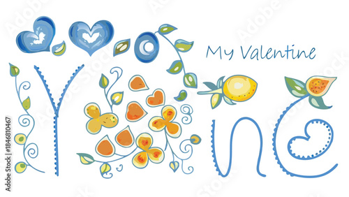 Colorful heart clusters surrounded by smiling straight swirls and leaves with butterflies, flowers, and lemons,