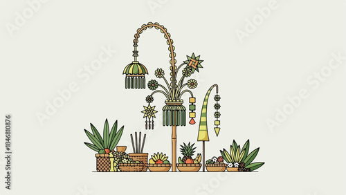 Stylized illustration of traditional Balinese offerings and decorative plants on a light background.