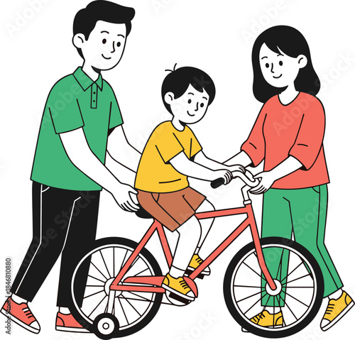 Parents teaching child to ride bicycle, family support learning activity, childhood development concept, outdoor parenting moment, flat cartoon illustration