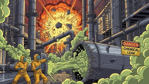 Hazardous chemical plant explosion with workers in protective gear