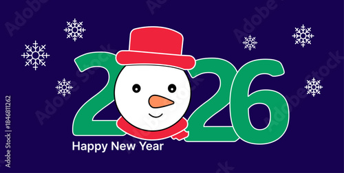Happy New Year 2026. New Year template in wintery concept shows a snowman and tops on a blue background. Vector illustration.