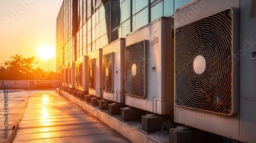 Air conditioning units on rooftop at sunset