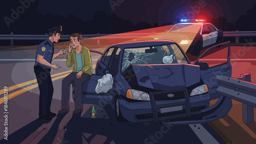 Police officer talking to driver after nighttime car accident