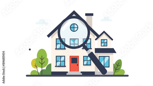 House with magnifying glass on white background in flat design style  