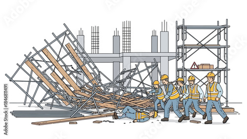 Construction workers responding to site accident with injured colleague