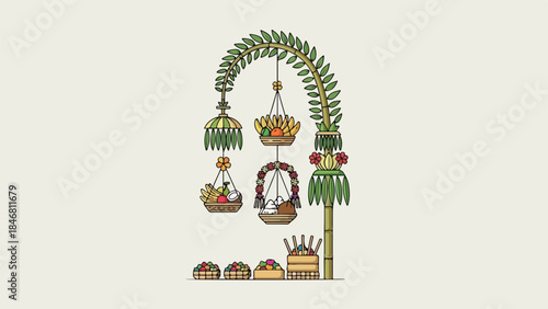 Traditional Balinese Penjor decoration with offerings, a cultural symbol of prosperity and gratitude, against a simple background.