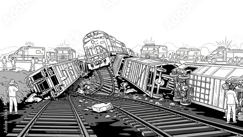 Train crash scene with emergency responders and damaged carriages