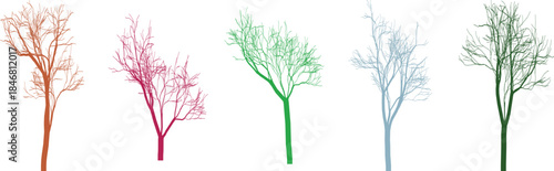 Orange pink green light blue and dark green bare tree silhouettes on checkered background