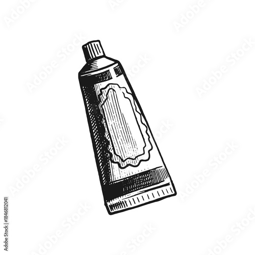 Practical toothpaste packaging. Black white vector illustration.