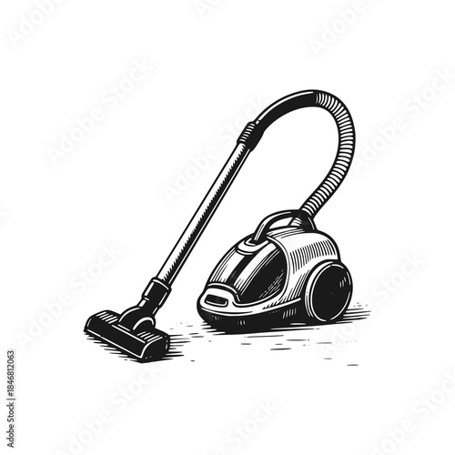 Vacuum cleaner practical room cleaning tool. Black white vector illustration.