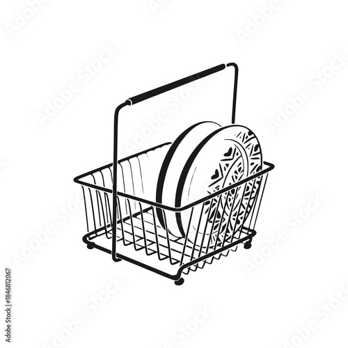 Easy-to-carry dish rack. Black white vector illustration.