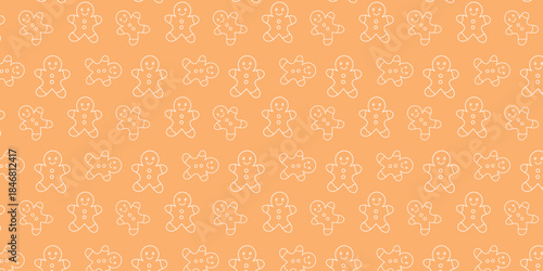 Seamless pattern of Christmas gingerbread cookies on a soft orange background, perfect for festive decorations and seasonal designs
