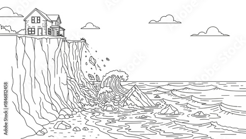 House on edge of cliff with ocean waves crashing below