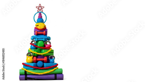 Creative Christmas tree made from rom fitness and yoga equipment on a white background with copy space.
