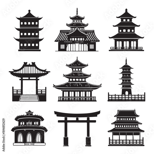 Asian Architecture Icon Set, A comprehensive collection of black silhouette vector icons featuring traditional Asian temples, pagodas, gates, and bridges (2).eps