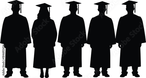 Five graduates in academic robes stand together in silhouette form.