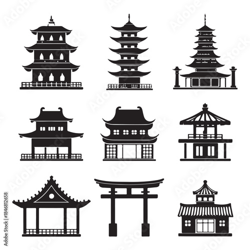 Asian Architecture Icon Set, A comprehensive collection of black silhouette vector icons featuring traditional Asian temples, pagodas, gates, and bridges (3).eps