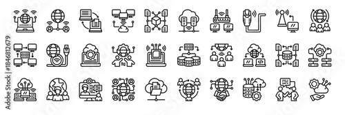 Network Related icon collection line style. containing Network Connection, Global Network, Data Sharing, Cloud, Network, Blockchain, Ethernet Cable, Cloud Computing