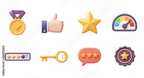 Collection of achievement icons including medal thumbs up star gauge key and chat bubble