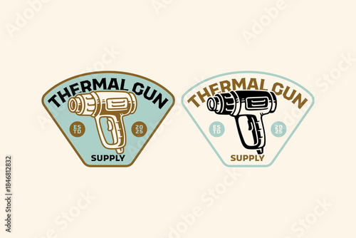 Heat gun crest seal vintage badge logo design set for industrial. Thermal gun electric tool retro patch logo pack for workshop. Heating blower, hot air gun rustic emblem element design for repair shop
