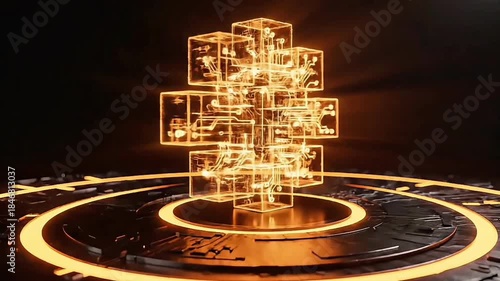 Futuristik 3D glowing orange blockchain cube concept spinning with digital circuit lines. Cryptocurrency and bitcoin technology background animation.
