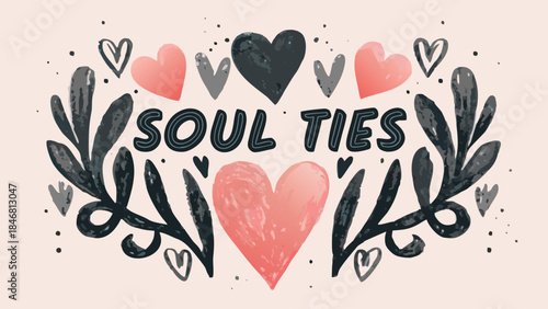 Hand drawn ink valentine motif with squiggled hearts and soul ties text on pink background
