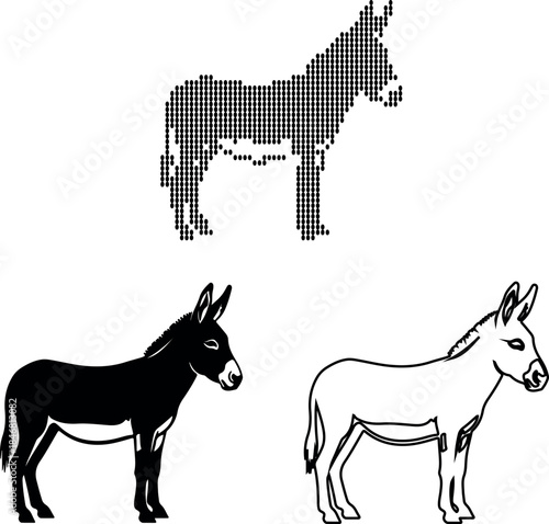 Three donkey illustrations in different styles on a