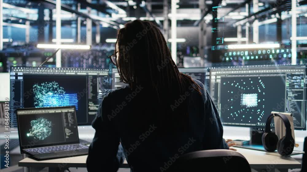 Programmer in data center using holographic simulation to visualize AI ...