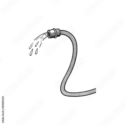 Water hose for watering plants. Black white vector illustration.