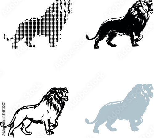 Collection of lion silhouettes in various styles and colors on