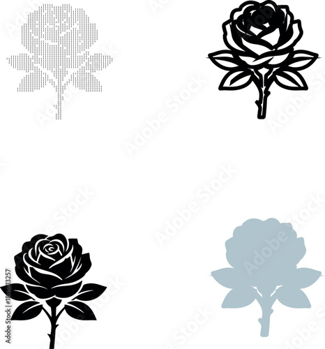 Collection of rose silhouettes in various colors and styles on