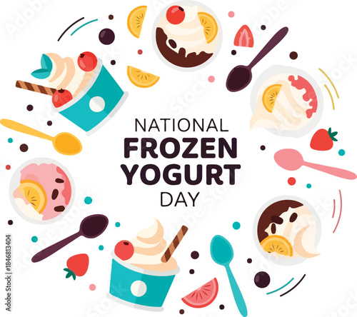 Vibrant illustration celebrating National Frozen Yogurt Day with colorful frozen yogurt treats, fruit, and spoons, perfect for promoting dessert shops or frozen yogurt businesses