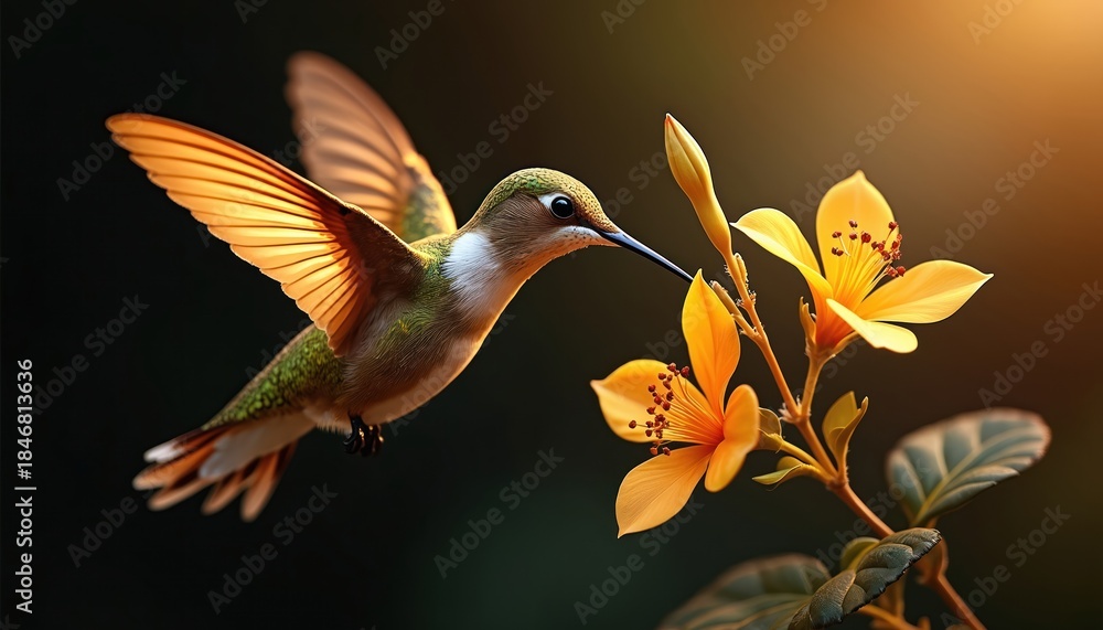 Naklejka premium Golden hummingbird hovers near yellow flowers collecting nectar. Small bird flies with wings spread wide, feeding on blossom. Wildlife photo shows nature scene at daytime.