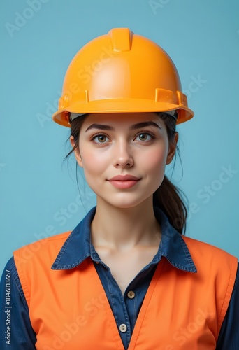 Young Woman Construction Worker in Safety Gear on Blue Background