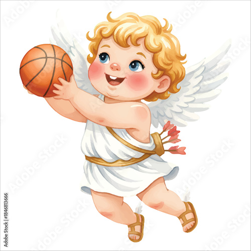 Cute Cupid Angel Basketball Layup Watercolor Vector Illustration Isolated on White Background
