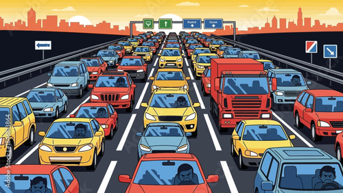 Congested city highway with cars and trucks during rush hour