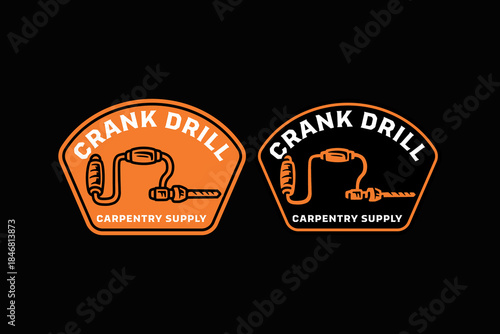 Hand crank drill vintage badge logo design set for woodworking. Brace manual drill retro patch logo pack for craftsman. carpentry drill handheld rustic emblem element design for workshop