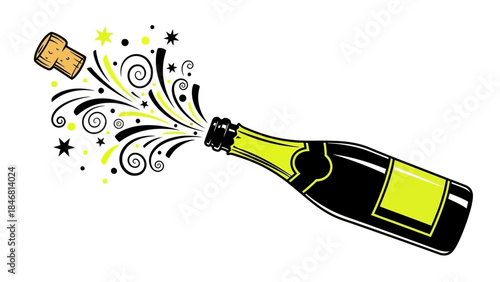 Champagne bottle popping with celebratory sparks and swirls