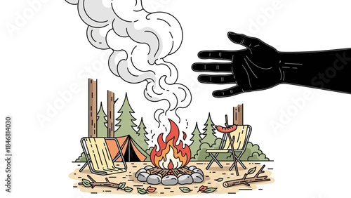 Camping scene with campfire and tent in forest